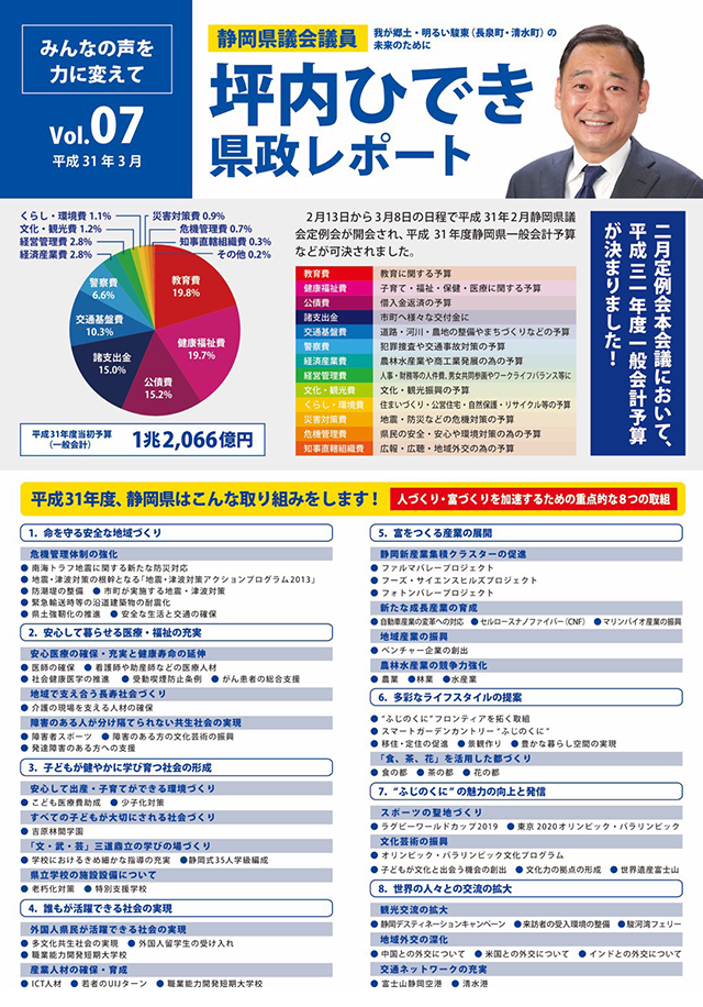 坪内ひでき県政レポート vol.07 平成31年3月発行。